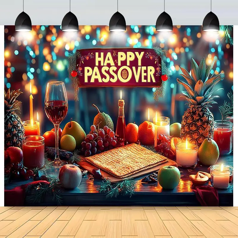 Hanging Passover Polyester Banner - Modern Singlepack Textile Ornament with Festive Fruits,Candles,Matzah Prints - Stainresist,Durable,No Power Needed - Ideal for Indoor Celebrations