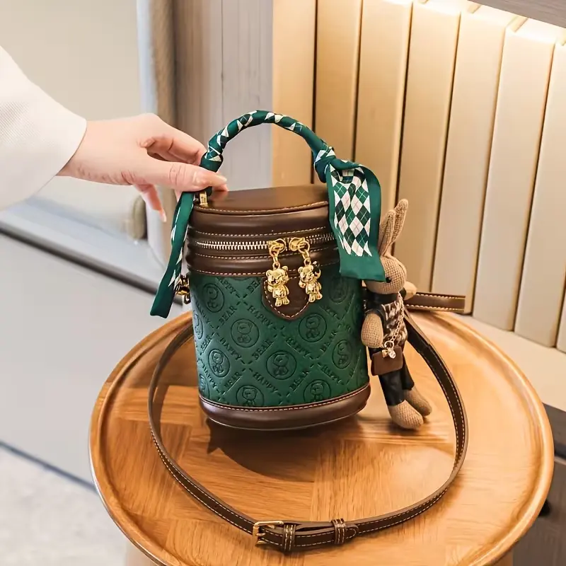 2026 New Fashion-Forward Dark Green Leather Women's Vintage Cylinder Embossed Light Luxury Dual-Zippers Handheld Crossbody Bag with Handmade Rabbit Charm, Playful Vintage Retro Home Organizer Storage Bag with Detachable Silk Scarf Wrap