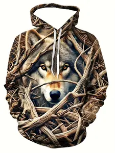 Men's Wolf Print Hoodie, Casual Polyester Knit Sportswear, Drawstring Pocket, Regular Fit Animal Pattern, Fall & Winter Wear, Hoodie Sweatshirt