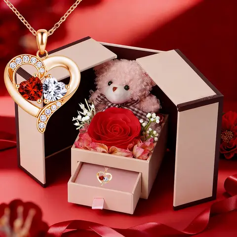 Creative Rose Bear Gift Box with Heart Pendant Necklace, Romantic Jewelry Gift for Mother's Day and Valentine's Day, Birthday Gift for Girlfriend Wife Daughter