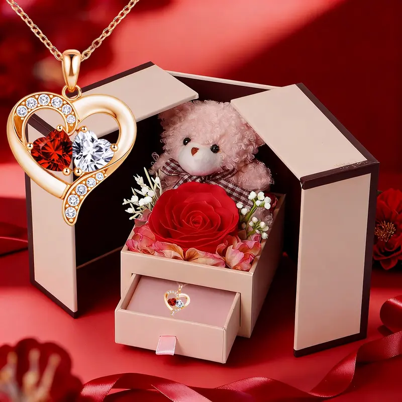 Creative Rose Bear Gift Box with Heart Pendant Necklace, Romantic Jewelry Gift for Mother's Day and Valentine's Day, Birthday Gift for Girlfriend Wife Daughter