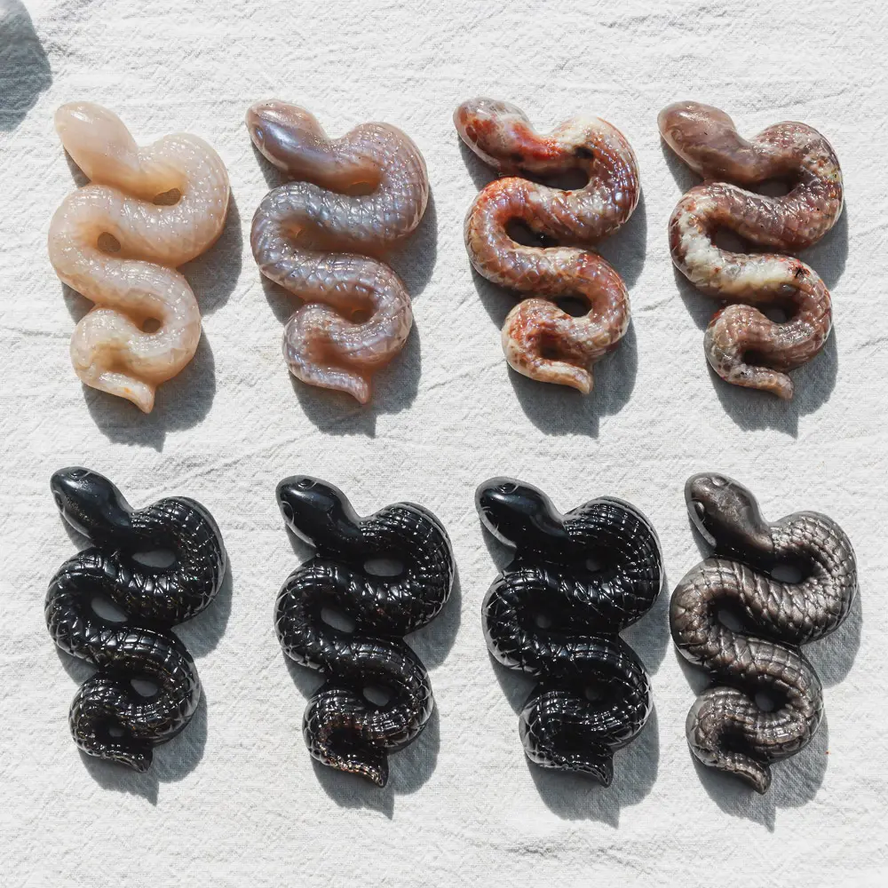 Natural Crystal Carving Obsidian And Moonstone Snake Collection Unique Handcrafted Gemstone Figurines for Home Decor