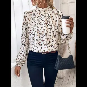 Women's All Over Print Plicated Blouse, Elegant Keyhole Back Bishop Sleeve Top for Spring & Fall, Ladies Clothes for Work Office Business