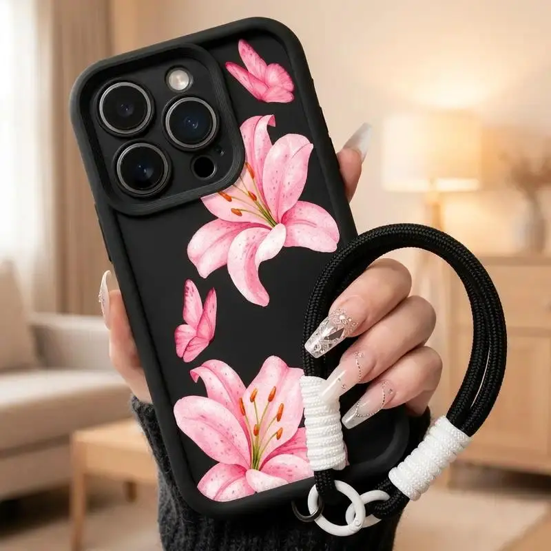 Floral Butterfly Aesthetic Chic Lily Charm Silicone TPU Smartphone Case with Wrist Strap - Shockproof, Rugged Protection for iPhone 17 Pro Max,16,15,14 Pro Max,13,12,11,XR,XS Plus