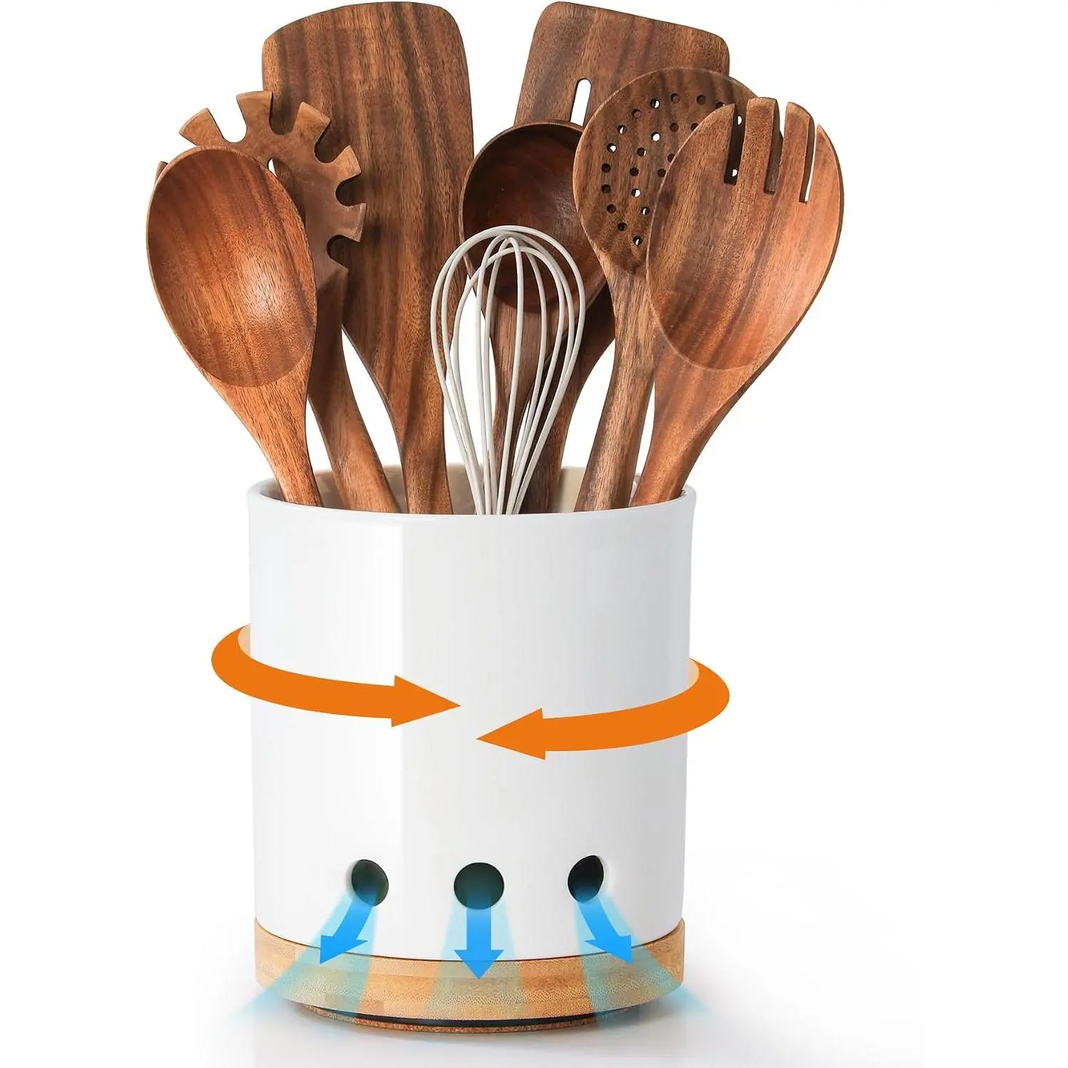 7.3" 360° Rotating Ceramic Utensil Holder for Kitchen Countertop – Cooking Utensil Crock Organizer with Non-Slip Cork Base for Farmhouse Kitchen Decor, White