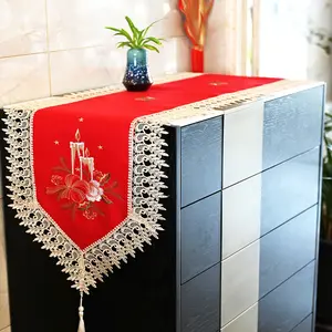 Christmas Table Runner, Farmhouse Polyester Satin Embroidered Santa Snowman Candle Holder, Living Room Bedroom Dining TV Cabinet Decor