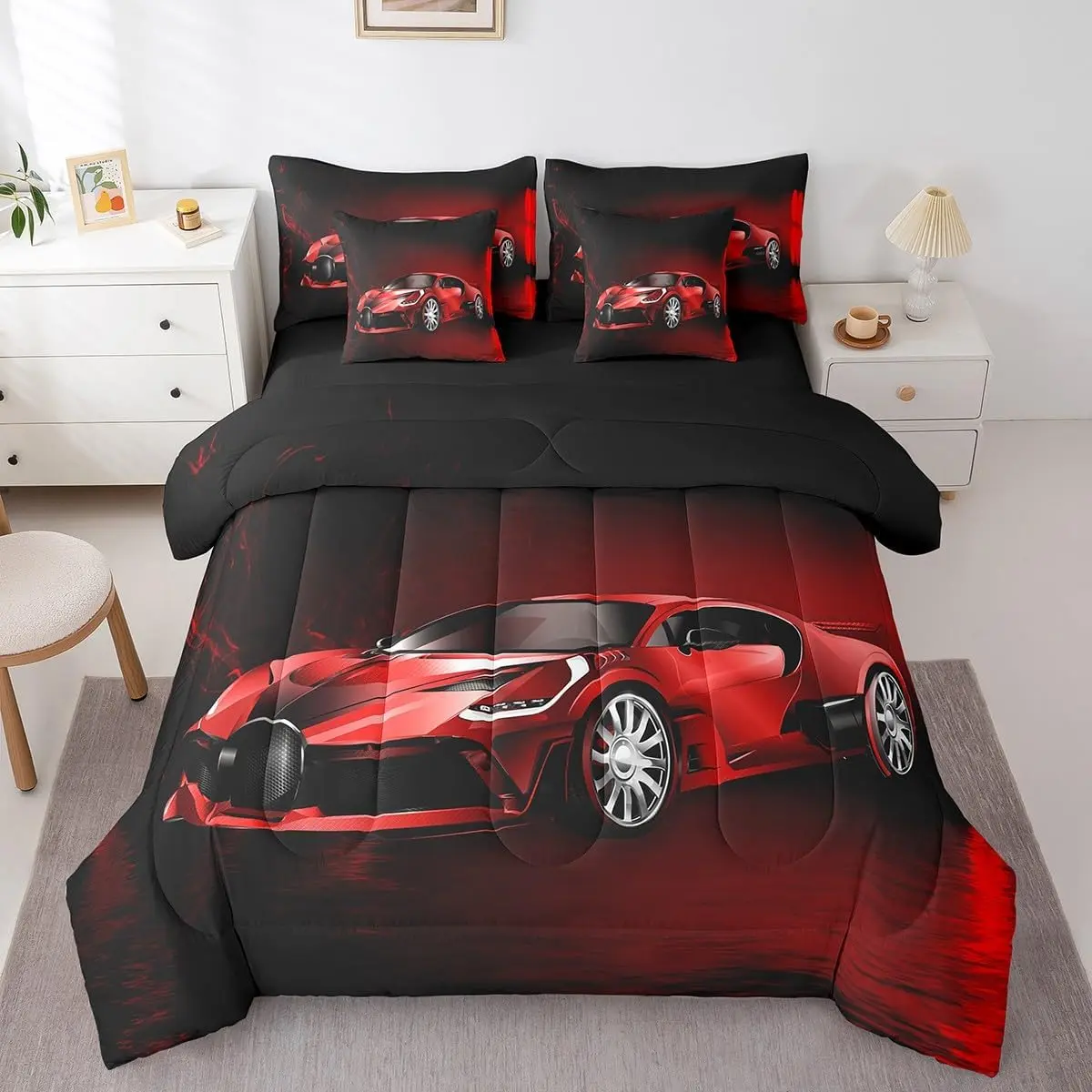 Feelyou 7-Piece Microfiber Queen Bedding Set - Red Race Themed Comforter for Boys, Extreme Sports Bed-in-a-Bag with Cool Speed Motif, Luxury Decor Piece, Microfiber Bedding, Queen Bedding Sets