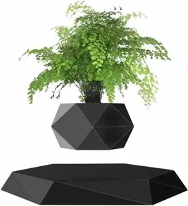 Magnetic Floating Flower Pot with 360° Rotation, Black Hexagon Design for Home Office Desk Decor