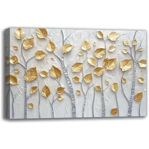 3D Hand Painted Golden Tree Framed Wall Art Prints, Modern Abstract Forest Oil Paintings Acrylic Painted on Canvas Decor for Living room Bedroom Dining room Artwork for Home Walls Ready to Hang 18x12 inch (18W" X 12L")