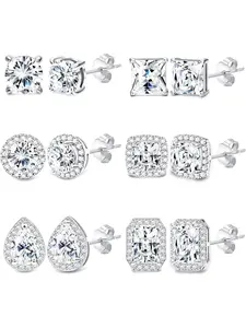 6 Pairs Stainless Steel Cubic Zirconia Stud Earrings for Women & Men - 18K White Gold Plated Brilliant Round Square Teardrop Simulated Diamond Halo Earrings Set Studs Earrings