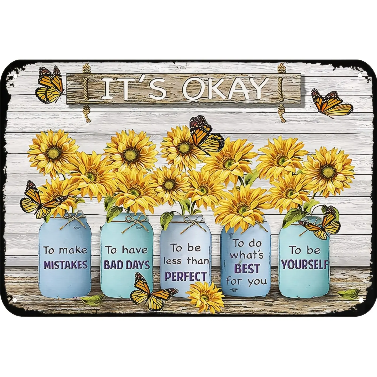 Retro Rustic Iron Sunflower Wall Tin Sign - 12x8 in Lightweight Industrial Metal Decor Plaque, Butterfly Illustrations, Weathered Wood Style, Full Print Home Decor Products, Birthday Gift