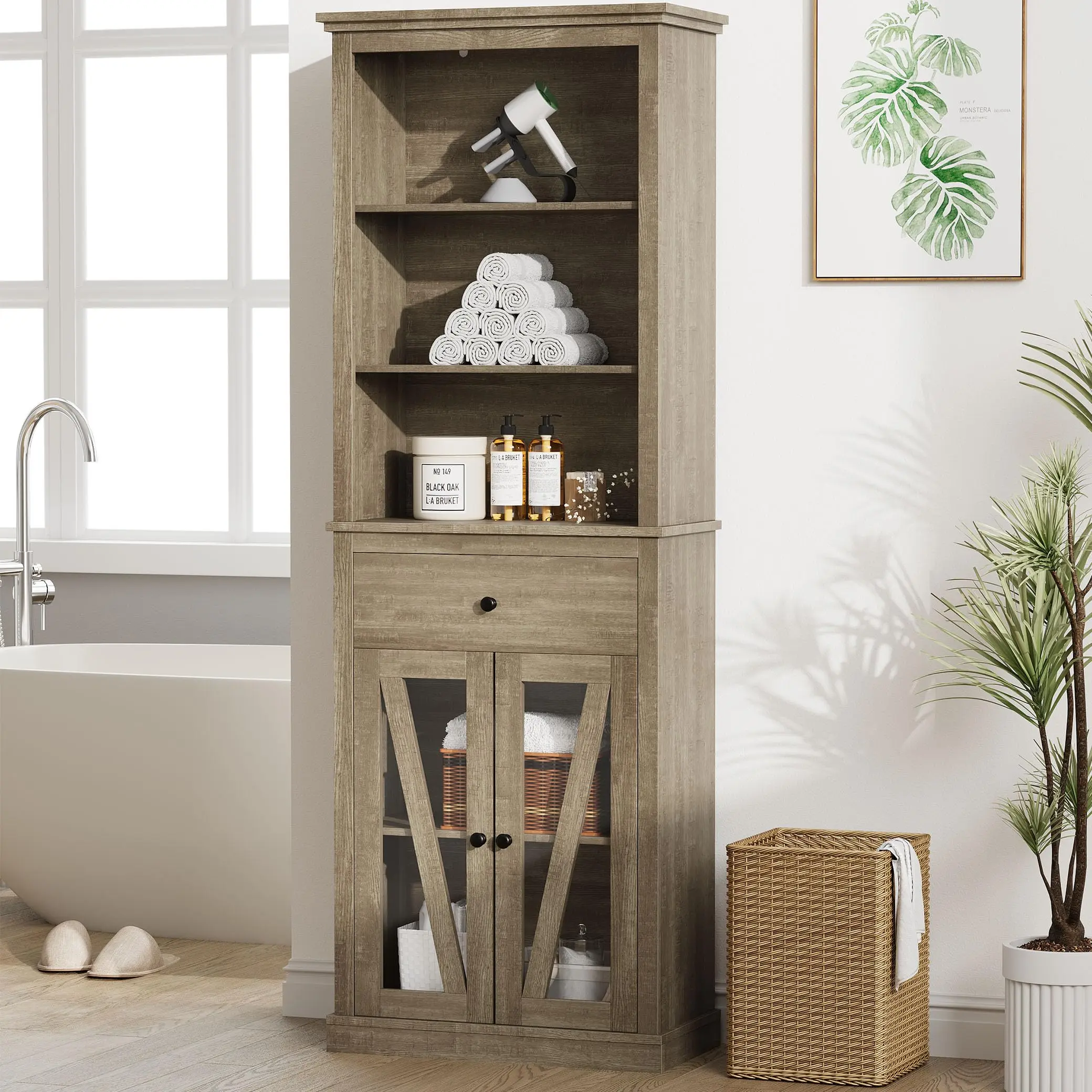 Sturdy 66.5" Height Tall Slender Freestanding Bathroom Linen Tower Cabinet, Waterproof MDF Bathroom Upgrade Storage with 5 Shelves, Drawer and Adjustable Shelf