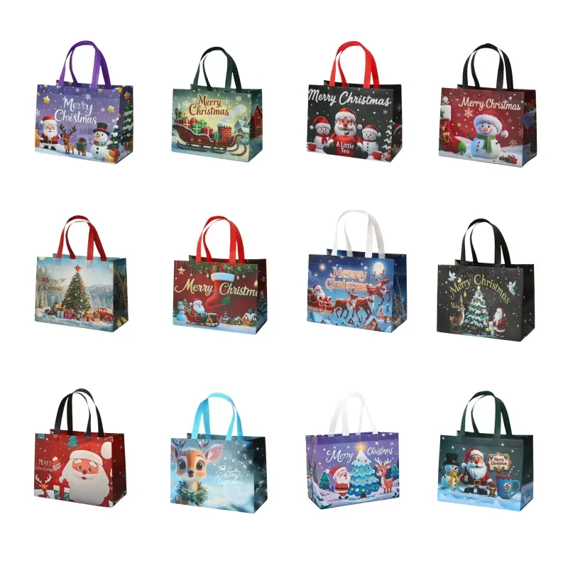 12PCS Christmas Gift Bags With Assorted Patterns. Reusable Non - Woven, Handle - Equipped. Ideal For New Year & Christmas Decor, Perfect For Holiday Gifting.Box Packs heavy-duty storage tote foldable shopping tote Water-Resistant market trip Gift Wrapping