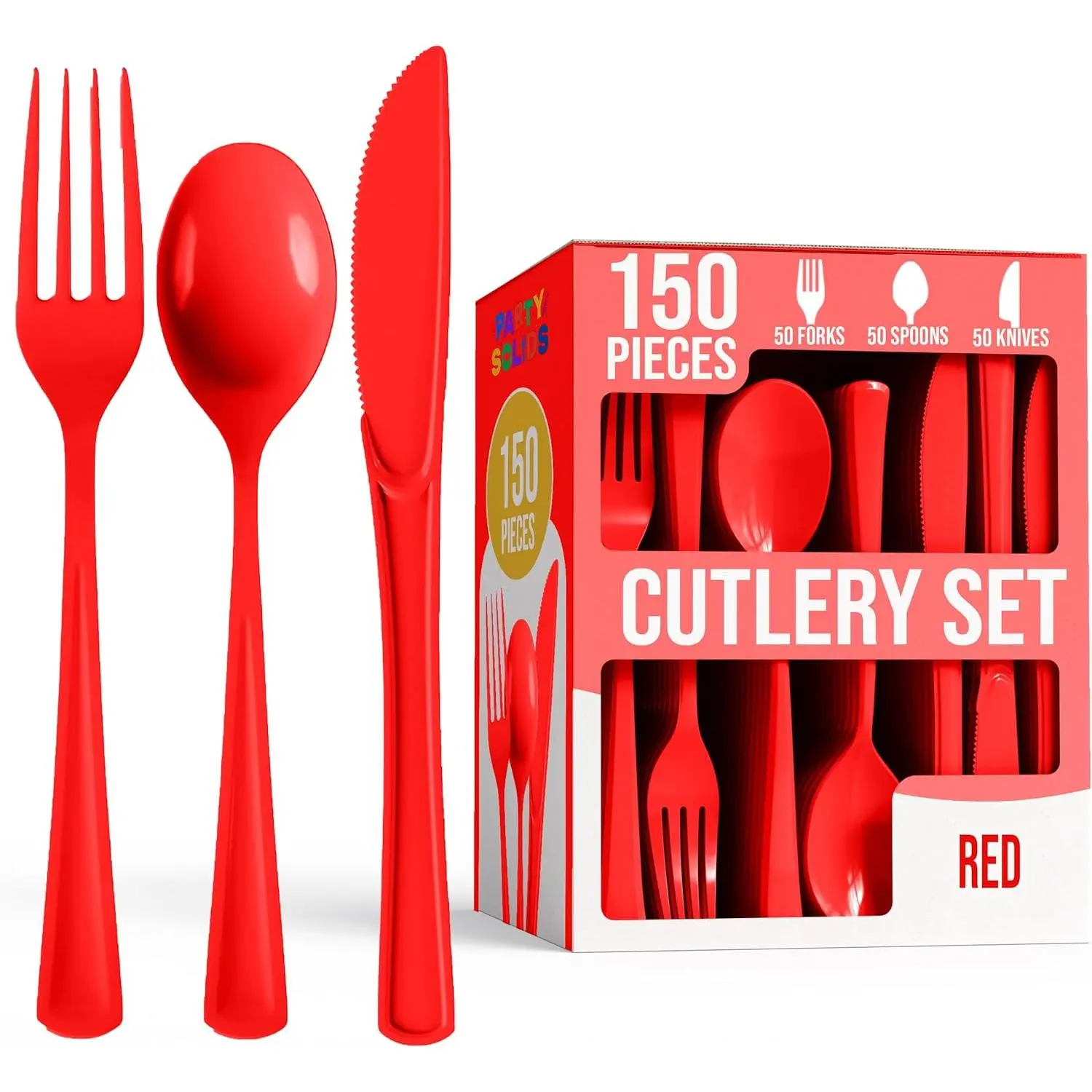 Heavy Duty Plain Red Disposable Plastic Cutlery Set - 150-Piece Disposable Tableware Supplies for Party & Home Use, 50-Count Assortment of Forks, Knives, Spoons