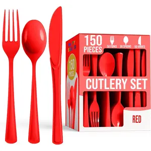 Red Heavy Duty Disposable Plastic Cutlery Set 150 Pieces - 50 Each Forks Knives Spoons Utensil Sets for Party Supplies