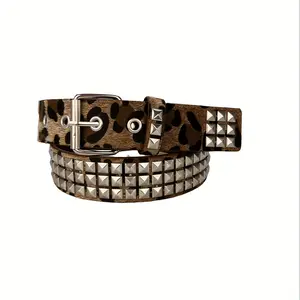 Women's Fashion PU Leather Belt with Leopard Print and Zebra Pattern, Rivet Detail, Pyramid Buckle - Versatile for Casual Outings, Weddings, Parties, Daily Fashion| Edgy Accessory| Durable Fashion Belt Leopard Print Pyramid Studded Belt