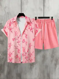 Two-Piece Set Men's Plants Print Shirt & Shorts, Regular Fit Casual Short Sleeve Button Up Top & Elastic Waist Shorts, Men's Summer