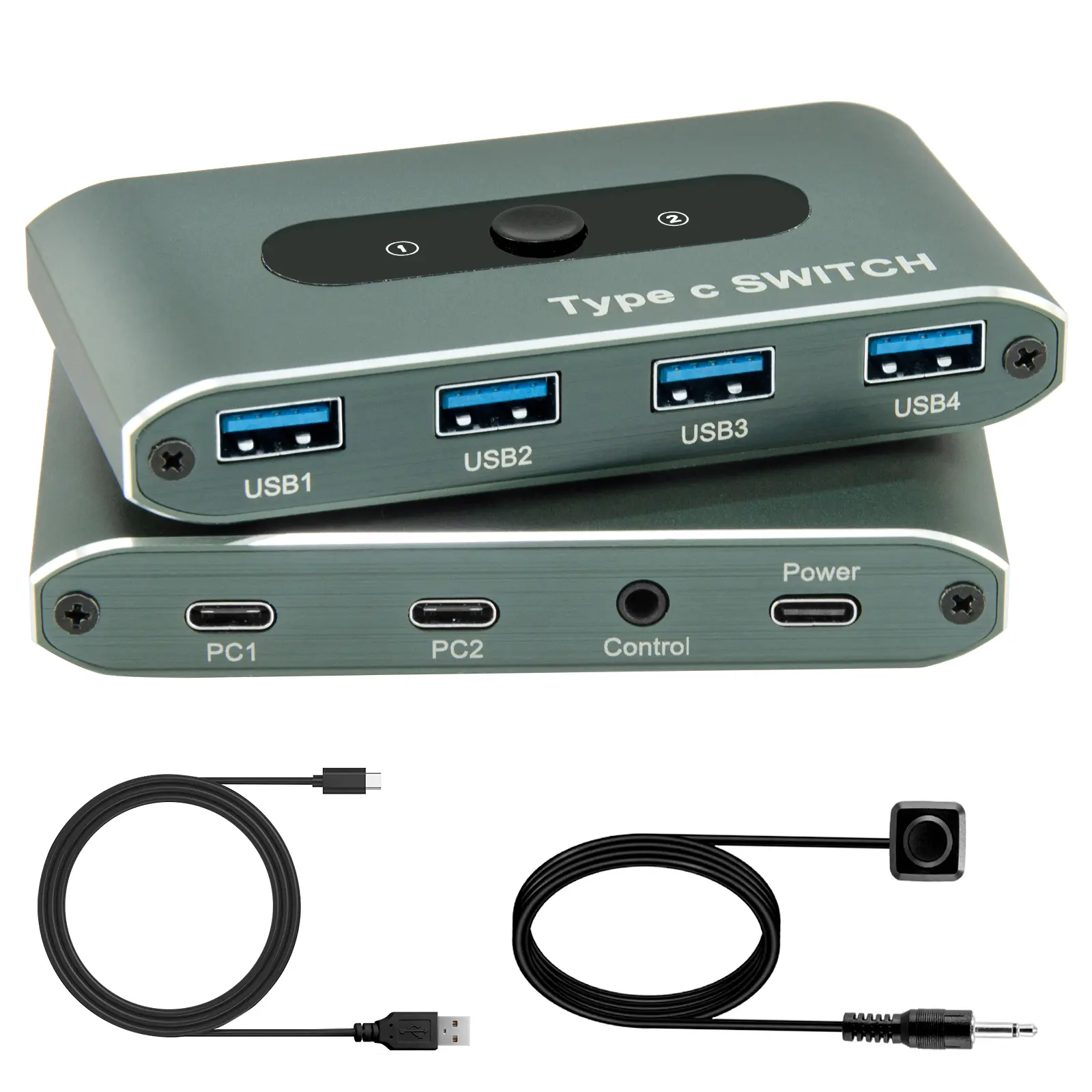Type-C USB 3.0 Switch Selector, 2 Computers Share 4 USB Devices KVM Switcher Hub for Keyboard Mouse Printer Scanner, with Wired Remote Control and Type-C Power Port, Support Windows Mac Linux, Local Stock