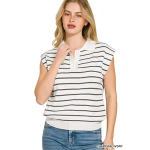 Chaleco suéter Zenana de viscosa con rayas y cuello tipo polo