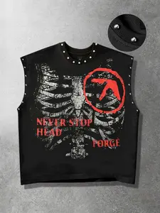 Gothic dark loose vest for couples, skull skeleton vest, metal foil short vest, sleeveless t-shirt vest, aesthetic geometry summer clothes, European and American street fashion brand vest, men's summer vest Y2K dark