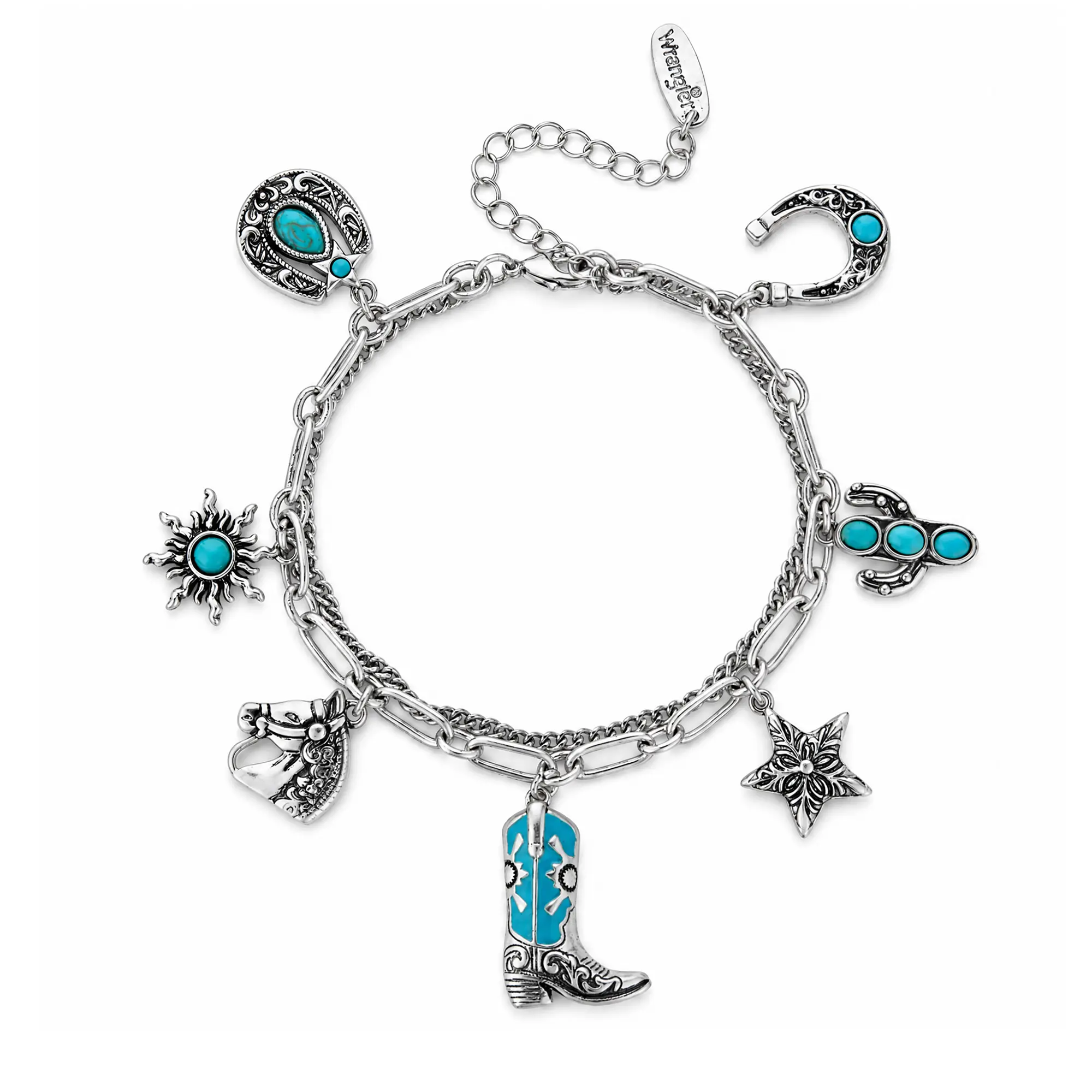 Wrangler Western Charm Bracelet for Women, 14K Silver/Gold Plated Cowboy Boot Cactus Horseshoe Adjustable Chain Bracelet, Southwestern Cowgirl Statement Jewelry