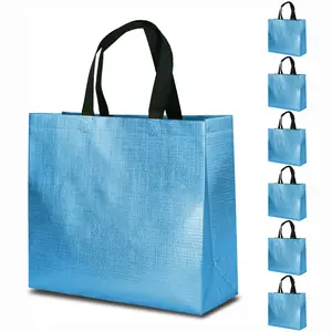 6 Pack Light Blue Gift Bags Large Reusable Gift Bags with Handles Shine Glossy Gift Bags Metallic Non Woven Gift Bags for Baby Shower Birthday Christmas Party 13 x 5 x 11 Inch