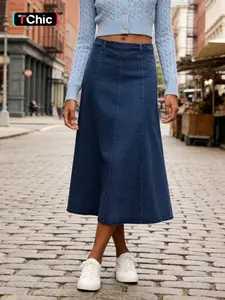 Women's High Waist Denim Midi Skirt, Casual Loose-Fitting Summer Dress, Elastic Fabric for All Seasons, Perfect for Dating