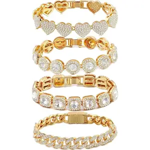 4PCS Gold Bracelets for Women Silver Clustered Tennis Bracelet for Women Heart Round Diamond Cuban Bracelet Layered Link Bracelet Set Fashion Jewelry for Women Set (Pink/Silver/Gold)  - Home Improvement