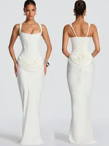 Women's Fashion Sexy Sleeveless Halter Neck Long Dress, Back Tie Tight Fit Bra Design, Elegant Ruched Waistline, Perfect for Bridesmaids Formal Events