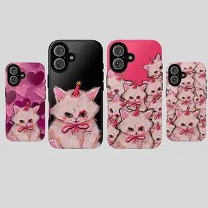 Cute Pink Party Cat Phone Case, Kawaii Cat Birthday Design, Protective Phone Cover with Adorable Cat Illustration, aesthetic  phone cover, gift