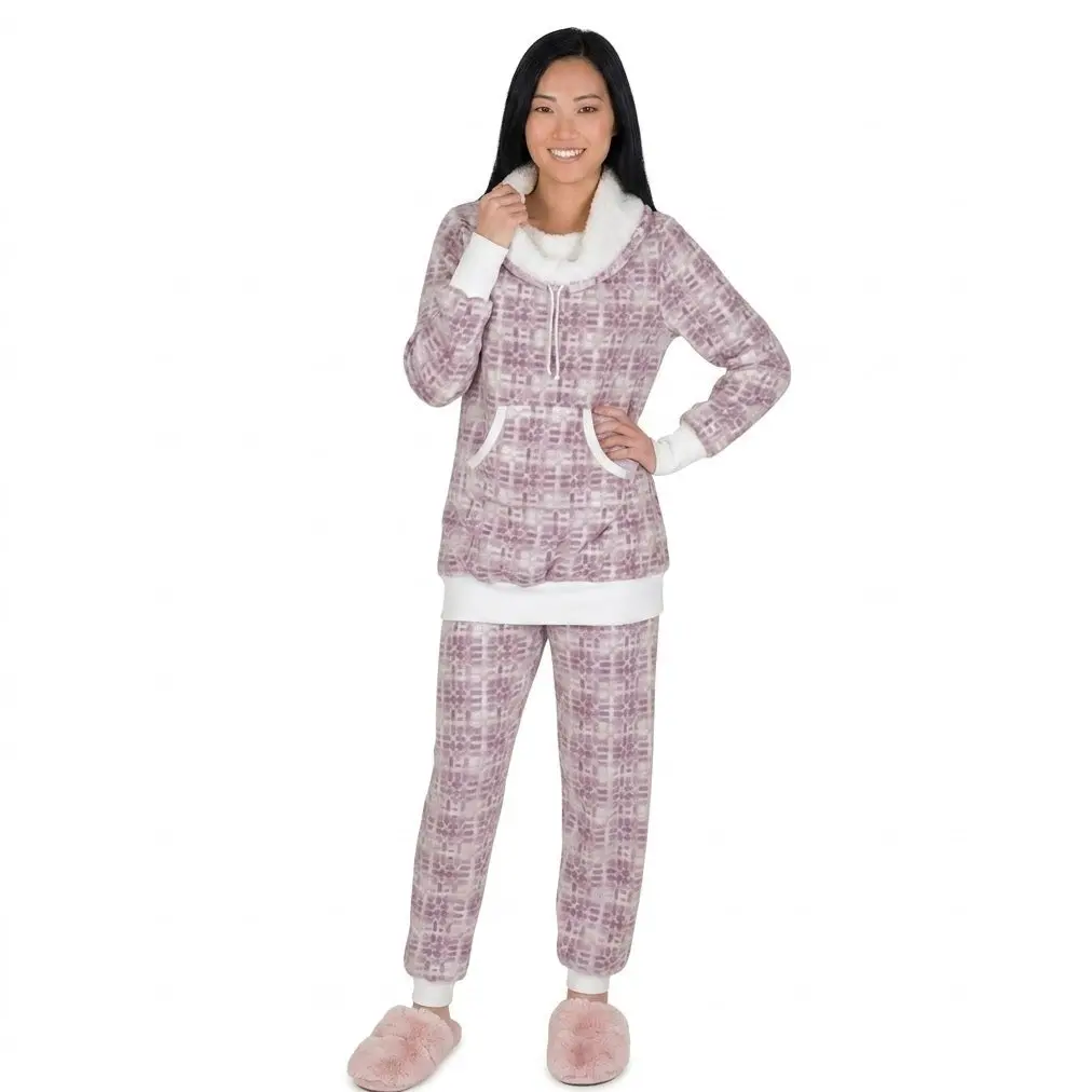 Women's Plus Size Tie-Dye Lounge Set, 2-Piece Plush Fleece Pyjamas with a Sherpa-Lined Cowl Neck and Kangaroo Pocket
