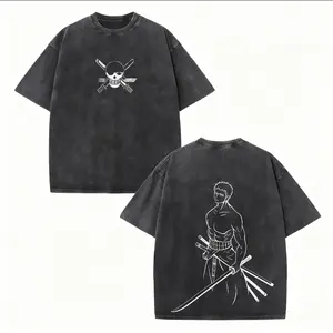 Roronoa Zoro One Piece Anime Minimalist Line Art Graphic Tee Vintage Washed Manga T Shirt Retro Distressed Short Sleeve Casual Streetwear Three Sword Style Katana Samurai Jolly Roger Print Summer Fashion Relaxed Crew Neck Unisex Top For Otaku Fans