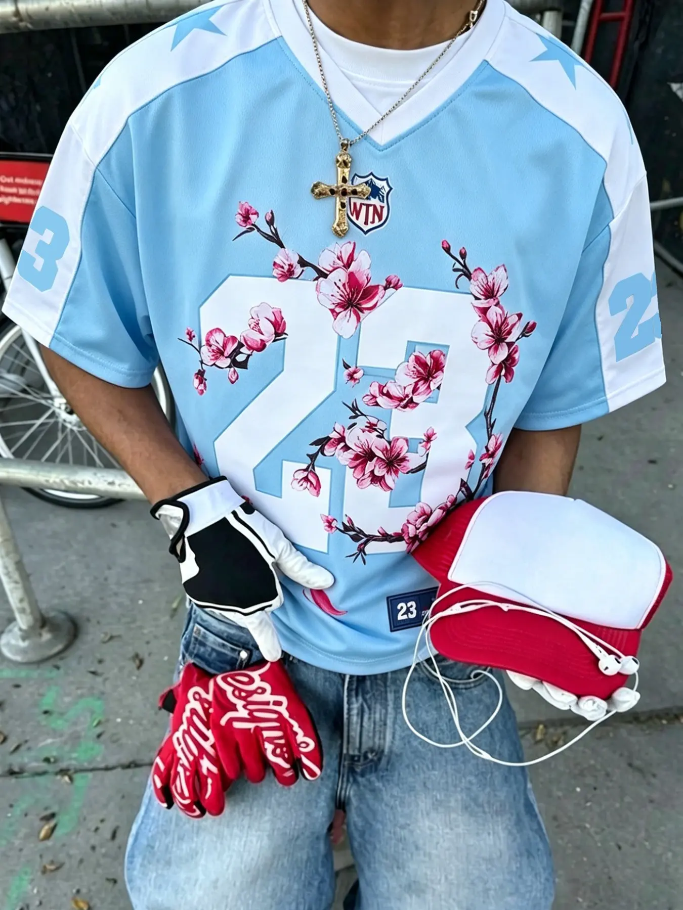 Unisex Urban Sporty Casual V-Neck Jersey with "23", "BOSTON" & Cherry Blossom Prints, Trendy Street-Inspired Sportswear, Perfect for Couples or Gifting