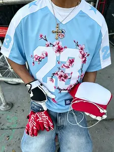 Unisex design, urban-style sporty and casual V-neck T-shirt/jersey with prints of numbers “23”, “BOSTON”, cherry blossoms, and other design elements. Trendy urban clothing, sporty, fashionable, and street-inspired. Perfect for couples or as a gift for men