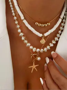 Boho Style Faux Pearl & Starfish & Shell Decor Necklace, Fashion Jewelry for Party, Daily Clothing Decor, Trendy All-match & Exquisite Jewelry for Birthday Gift, Dangling Charms Necklace