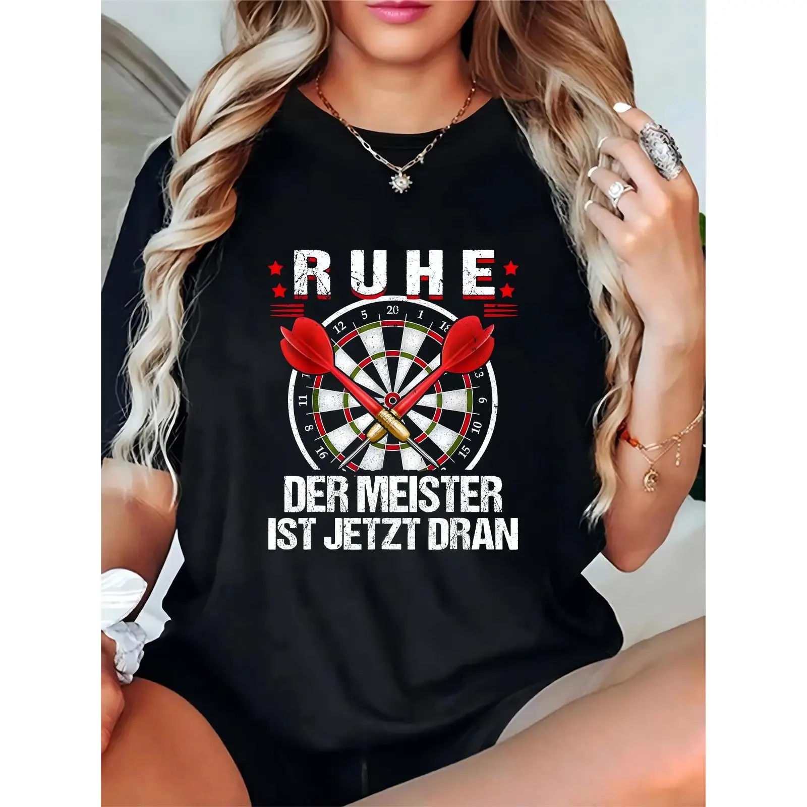 Women's Black Dart Theme T - Shirt with Dartboard, Red Darts & 'RUHE DER MEISTER' Quote, Casual Sporty Tee for Dart Players, Game Nights, Tournaments, Gift for Her 100% Cotton T-shirt