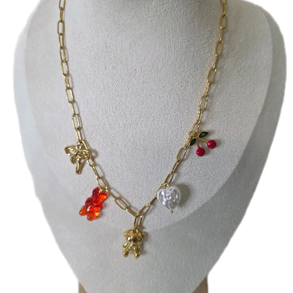 Necklace Cherry Bear Necklace in 18k Gold Plated Stainless Steel with Red Berries and White Heart Charm