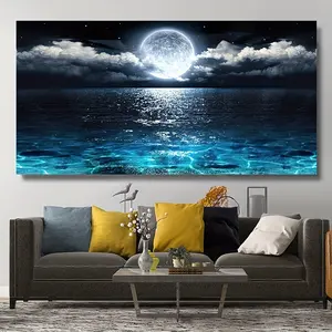 Modern Ocean & Night Moon Canvas: Elevate Your Space with Soothing Seascapes, with a frame Living Room Elegance Decor Poster Ornaments Decoration Artistic Wall Print Photo Bedroom 12X18Inch(30X45Cm)