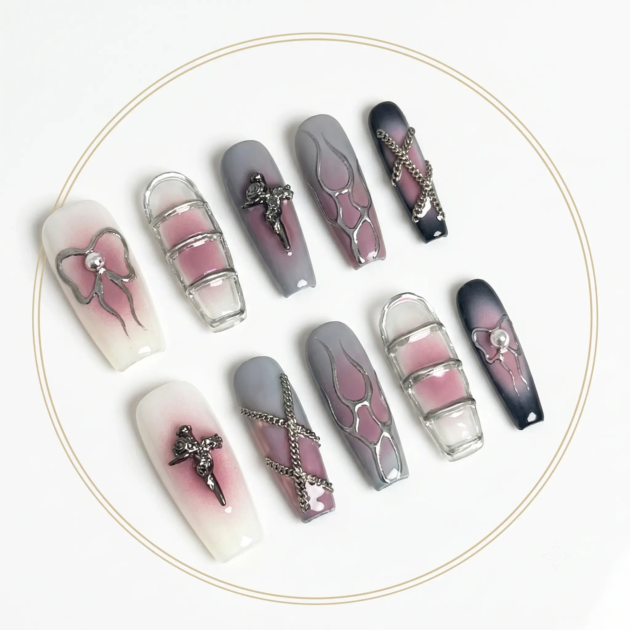 Goth Grunge Pink & Black Ombre Long Coffin Press-On Nails, Easy-to-Apply Reusable Nail Set with 3D Cross, Chain Bow, Pearl Accents, Zatvios (Reusability Feature Included)