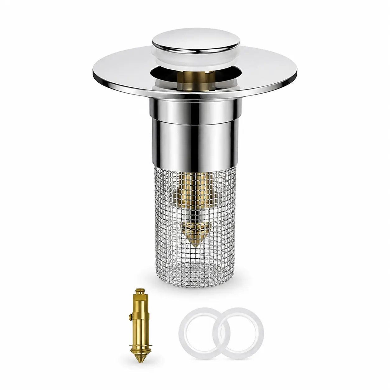 Universal Pop-Up Sink Drain Stopper with Stainless Steel Filter Basket Anti-Clog Debris Catcher Easy Install for Bathroom Kitchen