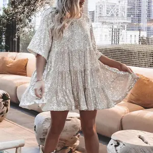 2025 New Direct Sale Women’s Fashion Sequined Round-Neck Loose-Waist Short-Sleeve Party Gown, Casual Wear