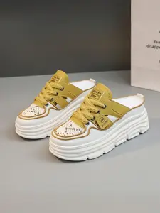 New Women's Thick Sole Mule Slippers, Lacing Hollow Out Breathable No Heel Lazy Half Sandals, Summer Casual Wedge Outdoor Shoes Footwear