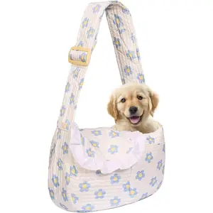 Floral Print Pet Carrier Bag for Small Dogs and Cats, Holds 5-15 Lbs Hands-Free Pet Purse Bag (Blue Floral, Small)