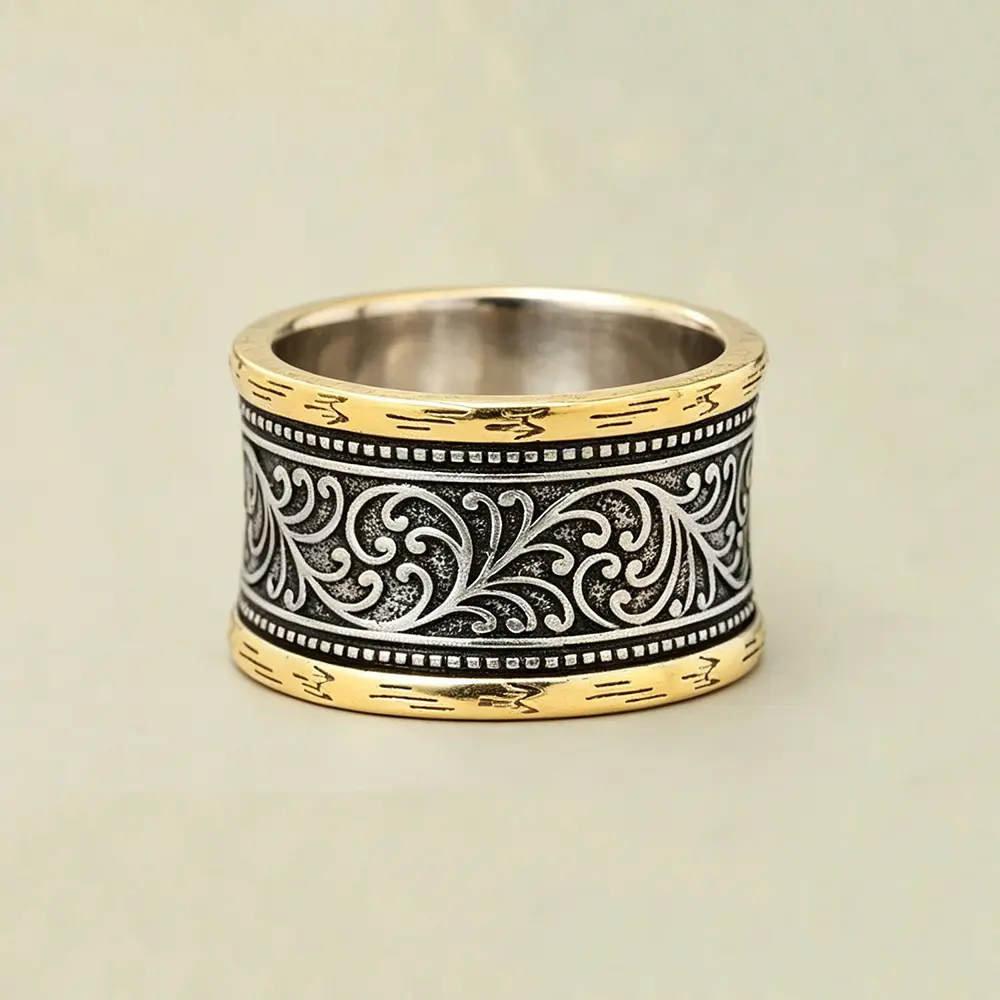 Unisex Chunky Copper Rings - 2-Tone Embossed Scroll-Pattern Wide Band Costume Jewelry, Vintage Elegance, Versatile Accessory for Everyday Wear, Chunky Rings, Vintage Retro
