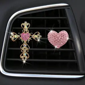 2pcs Cute Heart Cross Car Air Vent Clips, No Scent, Decorative Car Air Conditioning Outlet Holder, Model 9527, Patch Form, Car Interior Accessories