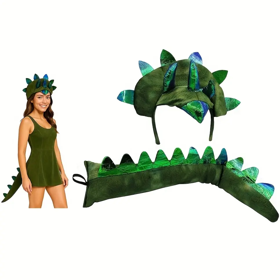 1Set Shiny Dinosaur Triceratops Cosplay Costume - Matching Headgear & Tail Accessories, Fit for Adult Male & Female, Halloween Party Prop & Festive Decoration