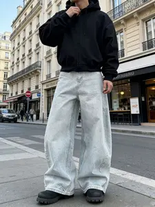 Men's Y2K Light Blue Washed Denim Jeans, Streetwear Trendy Straight Leg Casual Loose Fit Wide Leg Jeans, All Seasons Fashion