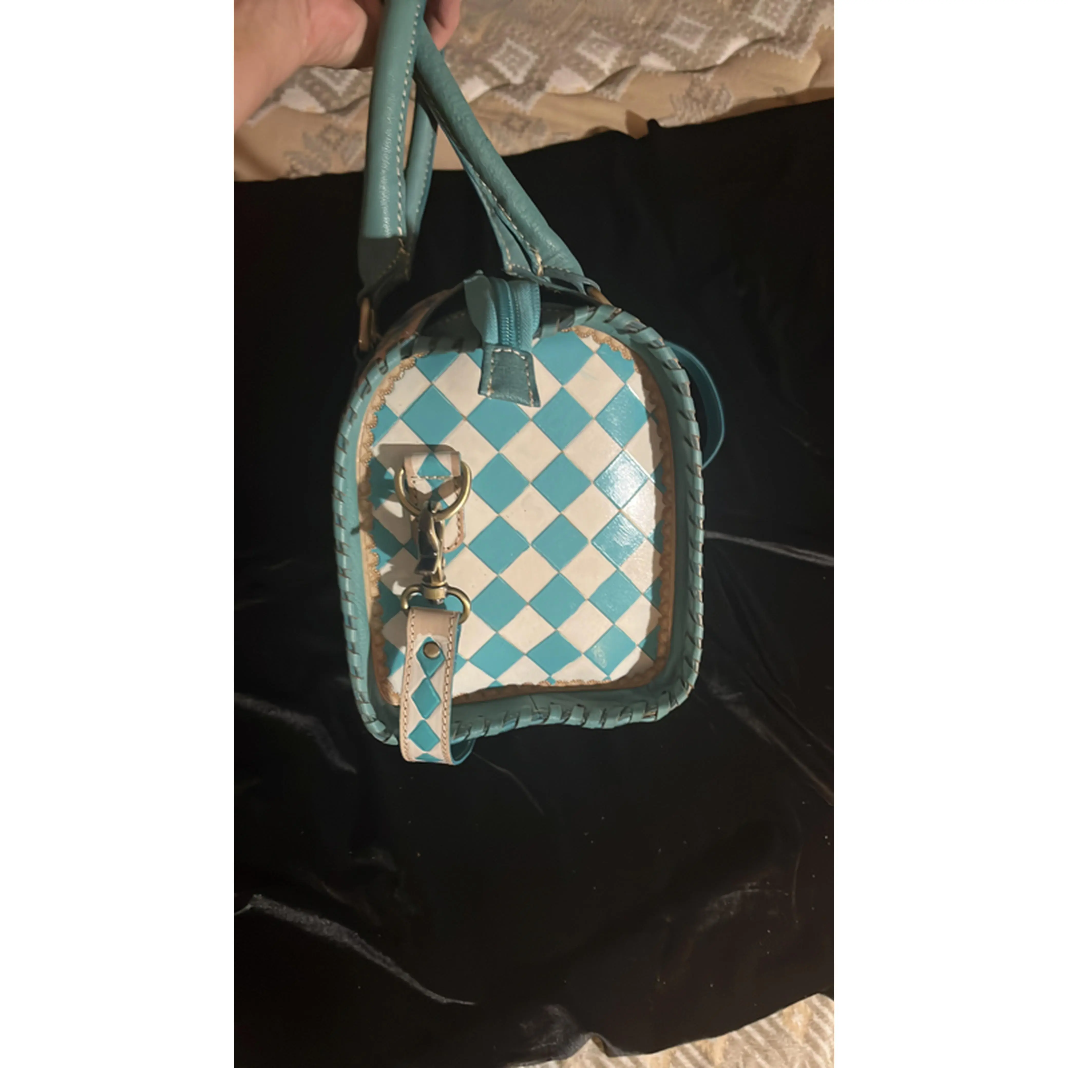 Leather Hand Painted Turquoise and White Checkered Speedy Cross Body Bag with Matching Strap and Solid Turquoise Handles
