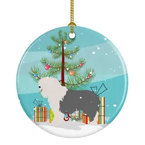 212 MAIN Round Ceramic Old English Sheepdog Christmas Ornament - Paint-Ready Gloss Finish, Festive Home Decor, Ideal Gift for Friends, Animals-Themed Porcelain Decoration
