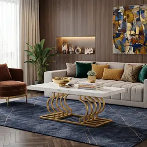 47 Inch Modern Coffee Table, Faux Marble Cocktail Table, Center Table & Tea Table, Accent Furniture for Living Room, Stylish Faux Marble Top with Gold Frame, Versatile Decorative Coffee Table